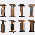 Various Designed Podiums With Wooden And Black Finishes And Brand Logos