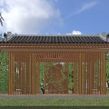 Traditional Chinese Wooden Pergola in Park with Tile Roof Carved Decorations and Green Trees