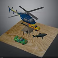 Toy Scene with Blue Helicopter Colorful Cars Small Tent and Shark Model on Wooden Board