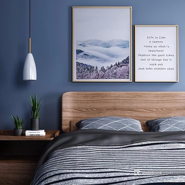 Wooden Headboard Double Bed In Blue Bedroom With Wall Art Striped Bedding And Nightstand Plants 3d model 