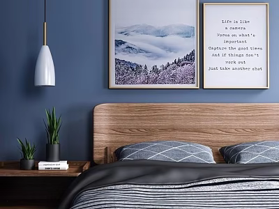 Wooden Headboard Double Bed In Blue Bedroom With Wall Art Striped Bedding And Nightstand Plants 3d model