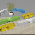 Colorful Curved Public Chairs Interior With Small Potted Plant And Wooden Floor
