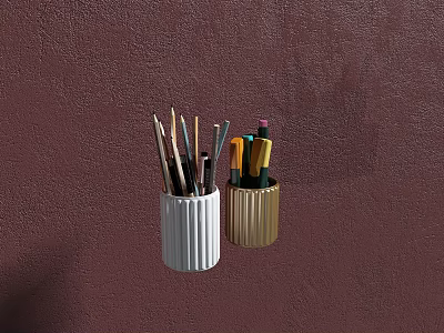 White Ribbed And Gold Pencil Holders With Stationery On Desert Rose Wall 3d model