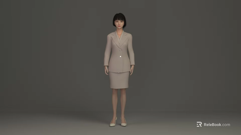 Woman Wearing Light Brown Suit Jacket And Skirt With Short Hair Standing Against Gray Background 3d model 