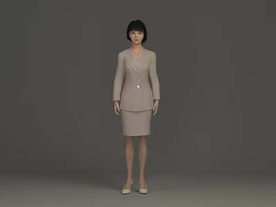 Woman Wearing Light Brown Suit Jacket And Skirt With Short Hair Standing Against Gray Background 3d model