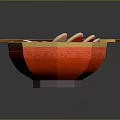 Ramen In Octagonal Red Bowl With Soft Boiled Eggs Red Toppings Green Garnish And Chopsticks