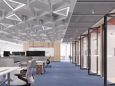 Modern Public Office Space Interior With Geometric Ceiling Glass Partitions And Blue Carpet 3d model