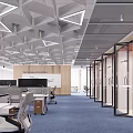 Modern Public Office Space Interior With Geometric Ceiling Glass Partitions And Blue Carpet