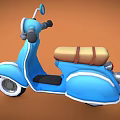 Blue Retro Scooter with Brown Seat and White Accents on Orange Background
