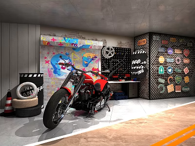 Red Motorcycle In Garage Studio With Graffiti Wall Tires And Vintage Plates 3d model