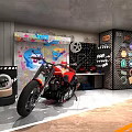 Red Motorcycle In Garage Studio With Graffiti Wall Tires And Vintage Plates