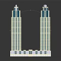 Cartoon Style Tall Buildings Symmetric Skyscrapers With Blue White Facades And Connected Base Structure