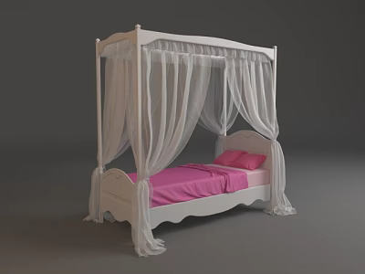 White Four Poster Children's Bed With Pink Mattress Curved Headboard And White Canopy Curtains 3d model