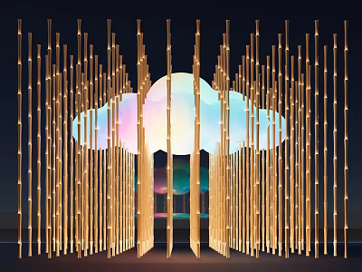Illuminated Art Installation With Vertical Lighted Rods And Cloud Shaped Soft Pastel Center 3d model