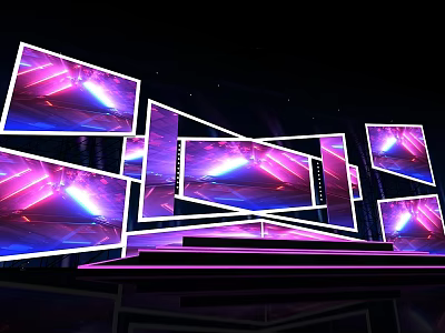 Commercial Equipment Stage Setup With Multiple Displays And Purple Blue Lighting 3d model