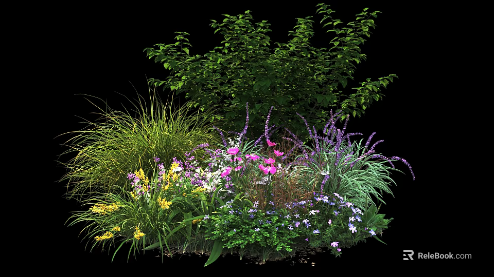 Colorful Garden Shrubs With Mixed Pink Purple Yellow Flowers And Green Grasses 3d model 