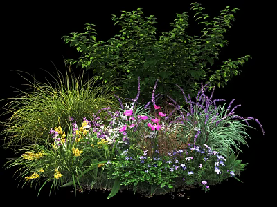 Colorful Garden Shrubs With Mixed Pink Purple Yellow Flowers And Green Grasses 3d model