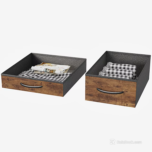 Wooden Storage Baskets With Black Frame Metal Handles And Checkered Cloth Items 3d model 