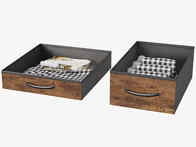 Wooden Storage Baskets With Black Frame Metal Handles And Checkered Cloth Items 3d model