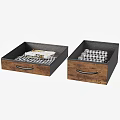 Wooden Storage Baskets With Black Frame Metal Handles And Checkered Cloth Items