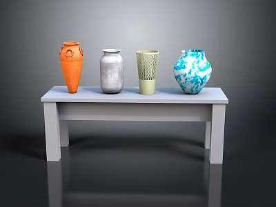 White Long Table with Four Decorative Vases in Orange Silver Green and Blue White Patterns 3d model
