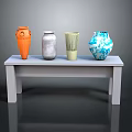 White Long Table with Four Decorative Vases in Orange Silver Green and Blue White Patterns