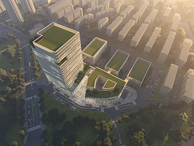 Aerial View Of Modern Office Buildings With Green Roofs And Surrounding Landscape 3d model
