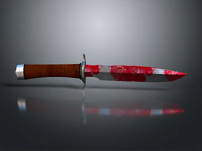 Knife with brown handle and red white striped blade on gray background with reflection 3d model