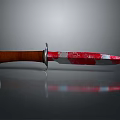 Knife with brown handle and red white striped blade on gray background with reflection