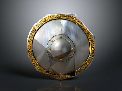 Round Metal Shield with Golden Decorative Edges Central Rivets and Polished Surface Design 3d model