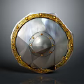 Round Metal Shield with Golden Decorative Edges Central Rivets and Polished Surface Design