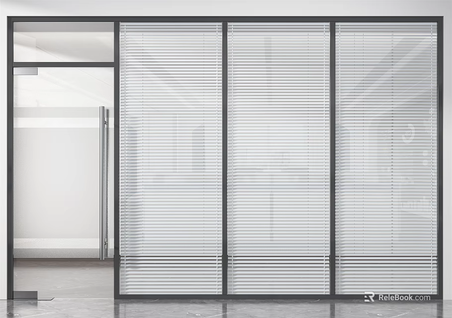 Modern Office Interior Partition Featuring White Blinds And Metal Frame Design 3d model