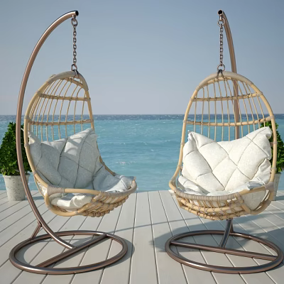 Wicker Hanging Chairs with White Cushions on Wooden Deck by Seaside View 3d model Wicker Hanging Chairs with White Cushions on Wooden Deck by Seaside View 3d model