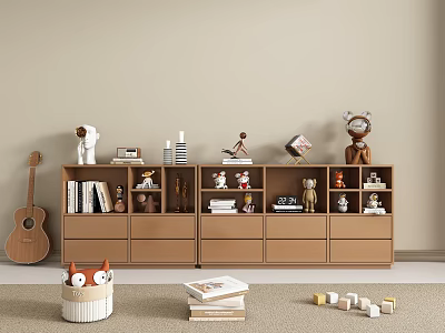 Decorative Ornament Set on Multi Tiered Bookshelf with Books Photo Frames Plush Toys and Guitar 3d model