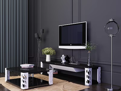 Living Room Coffee Table With Glass Top White Frame Cutout Legs TV Wall Decor 3d model