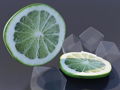 Fresh Sliced Lime Halves With Transparent Ice Cubes On Dark Surface 3d model