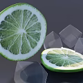 Fresh Sliced Lime Halves With Transparent Ice Cubes On Dark Surface
