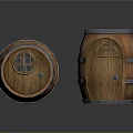 Decorative Wooden Barrels As Household Storage Items With Metal Hoops And Small Doors