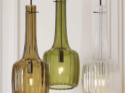 Modern Glass Pendant Lights In Amber Green Clear Bottle Shapes With Ribbed Design 3d model