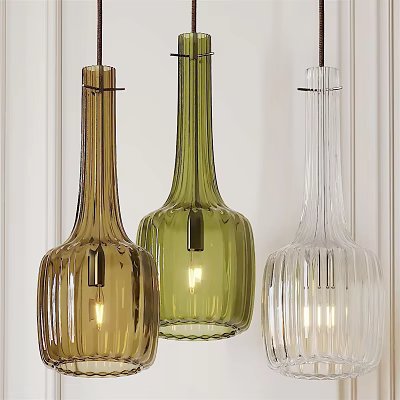 Modern Glass Pendant Lights In Amber Green Clear Bottle Shapes With Ribbed Design 3d model