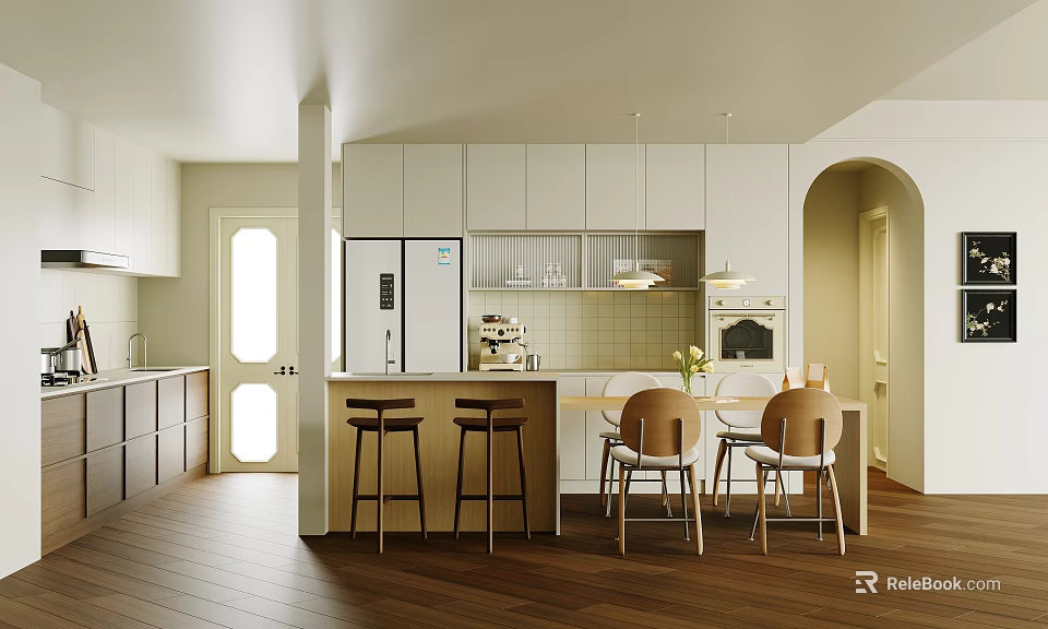 Modern Restaurant Open Kitchen Interior With White Cabinets Island Stools And Dining Chairs 3d model