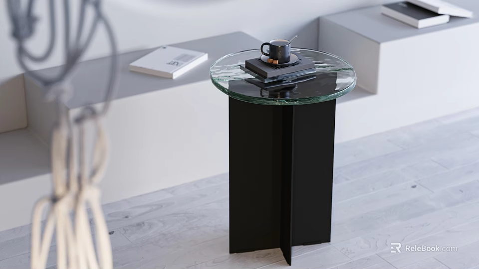 Modern Glass Top Side Table With Black Vertical Column Base And Minimalist Design 3d model