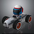 Cartoon Toy Car with White Body Large Black Wheels Red Rims and Blue Red Helmet