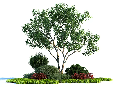 Beautiful Garden Shrubs With Green And Red Foliage Surrounding Landscaped Lawn 3d model