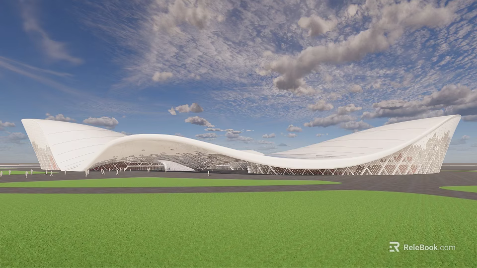 Modern Architectural Structure With White Curved Roof Green Lawn And Cloudy Blue Sky 3d model 