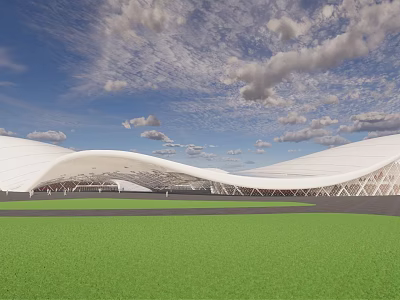Modern Architectural Structure With White Curved Roof Green Lawn And Cloudy Blue Sky 3d model