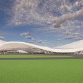 Modern Architectural Structure With White Curved Roof Green Lawn And Cloudy Blue Sky