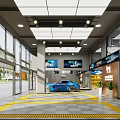 Car Showroom with Displayed Car Models Blue Car and Yellow Guide Lines
