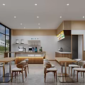Modern Restaurant Interior With Wooden Counter Tables Chairs And Menu Display Board