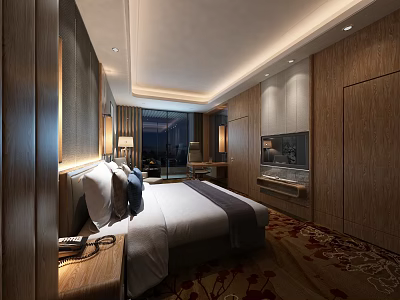 Hotel Guest Room With Wooden Walls Cozy Bed TV Decorative Carpet And Soft Lighting 3d model